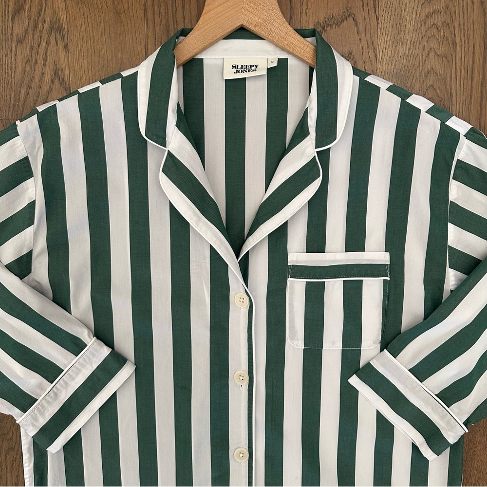 Sleepy Jones Marina Long Sleeve Pajama Set in Stripe Green and White Size Small - Picture 3 of 8